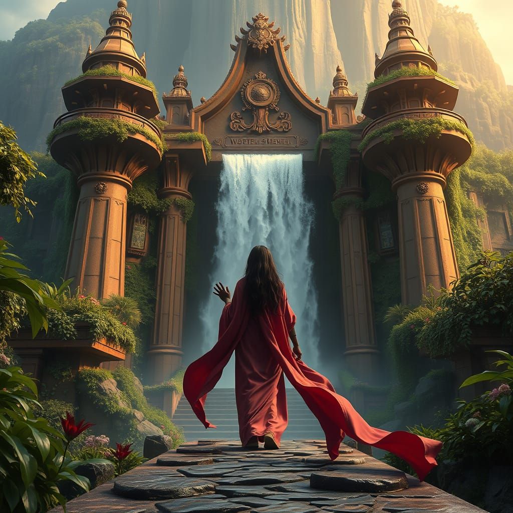 Princess at Temple Entrance with Waterfall