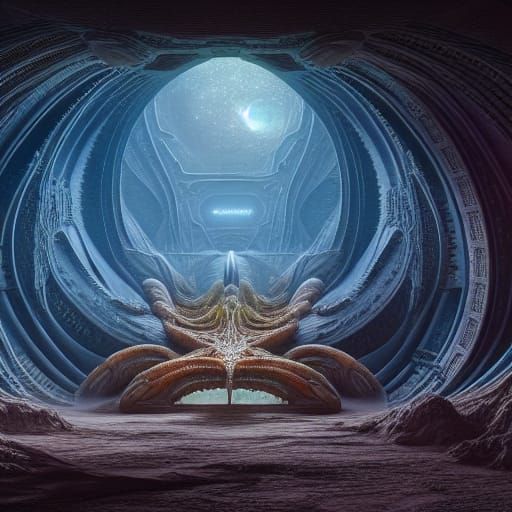 Alien Bioorganic Landscape with Starship, Detailed Digital A...