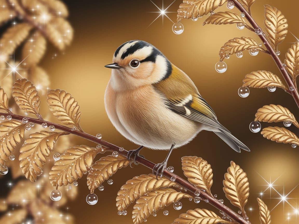 Hyper-Realistic Golden Bird Perched in Sunlit Paradise