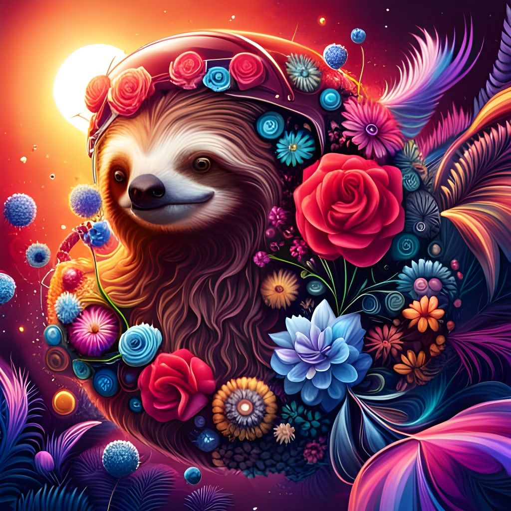 Cyberpunk Floral Sloth: Detailed Digital Illustration