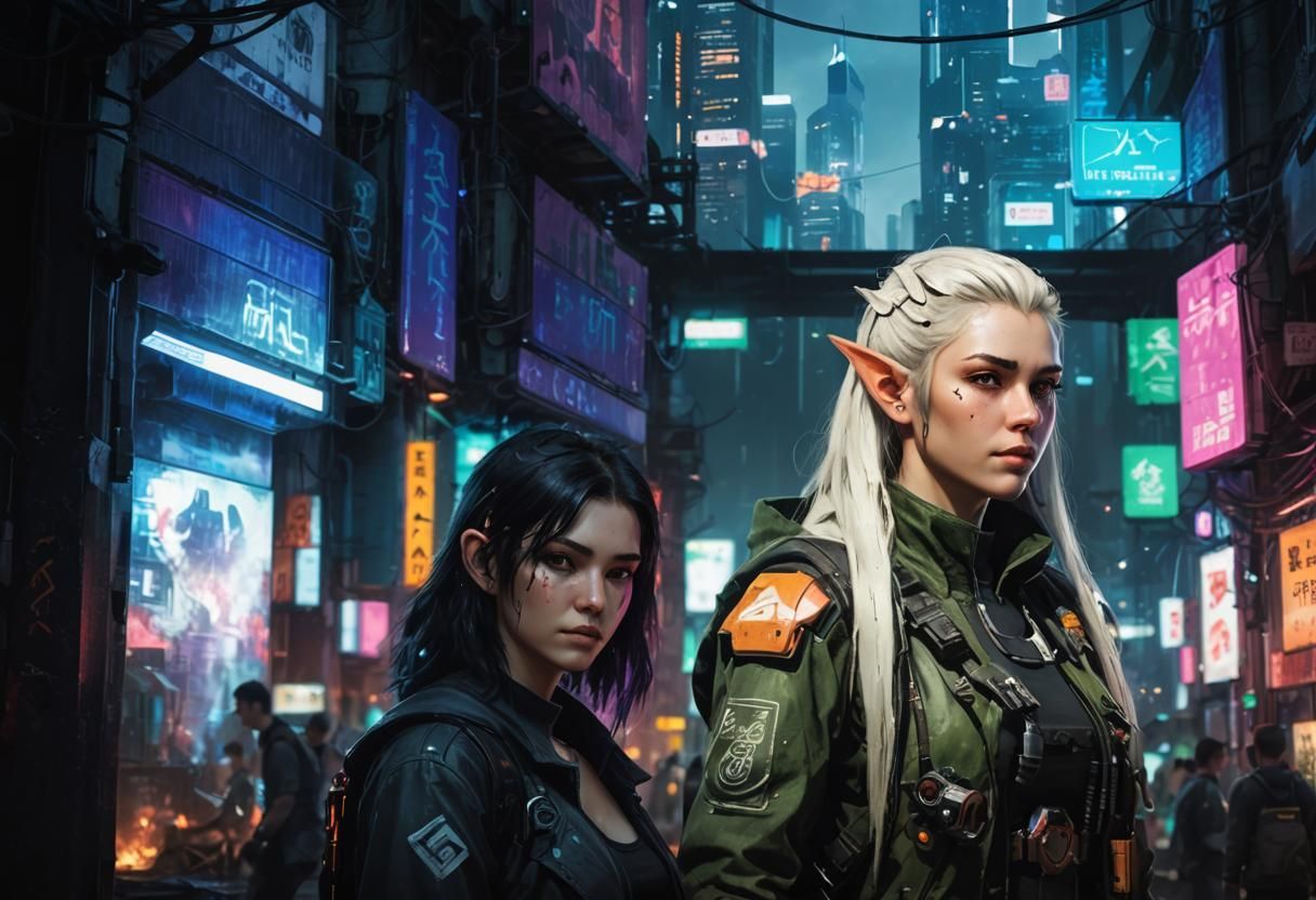 Cyberpunk Elf in Augmented Reality Cityscape