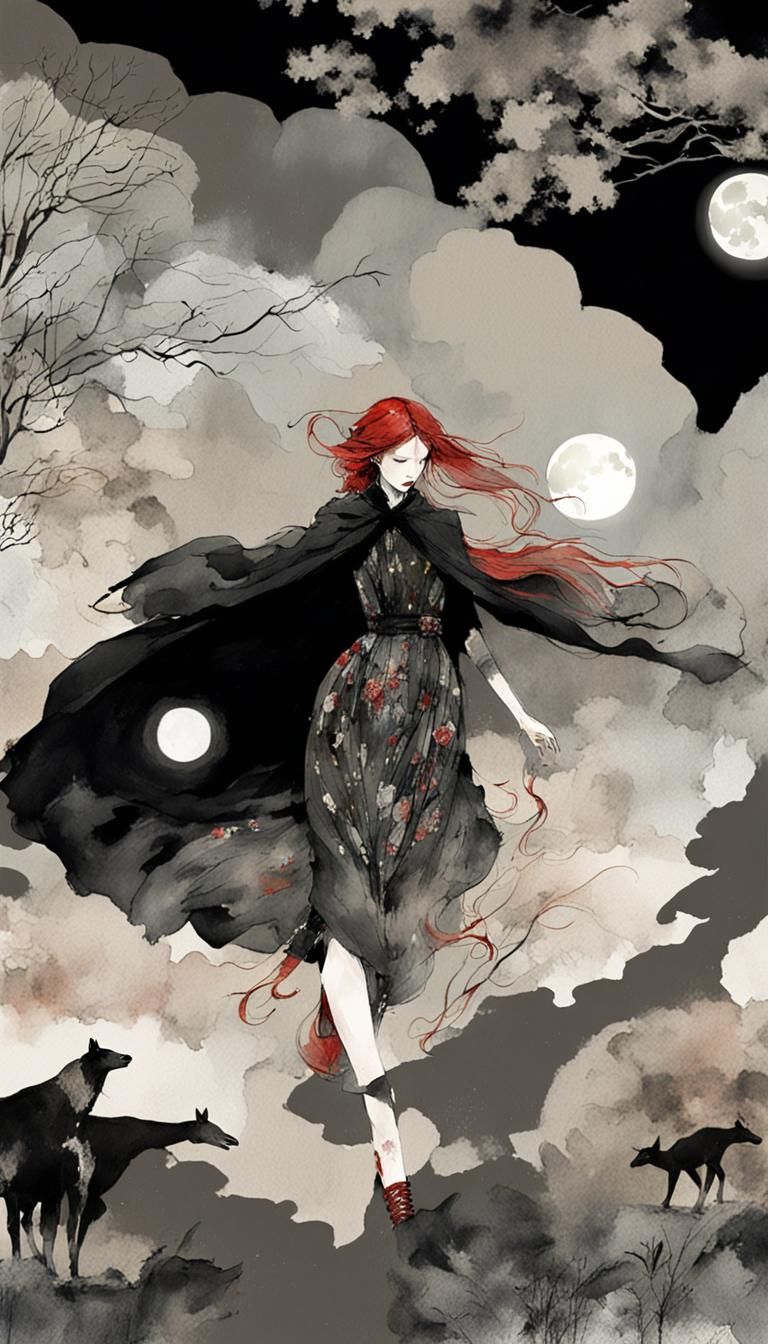Ethereal Woman Wandering on the Moors at Night