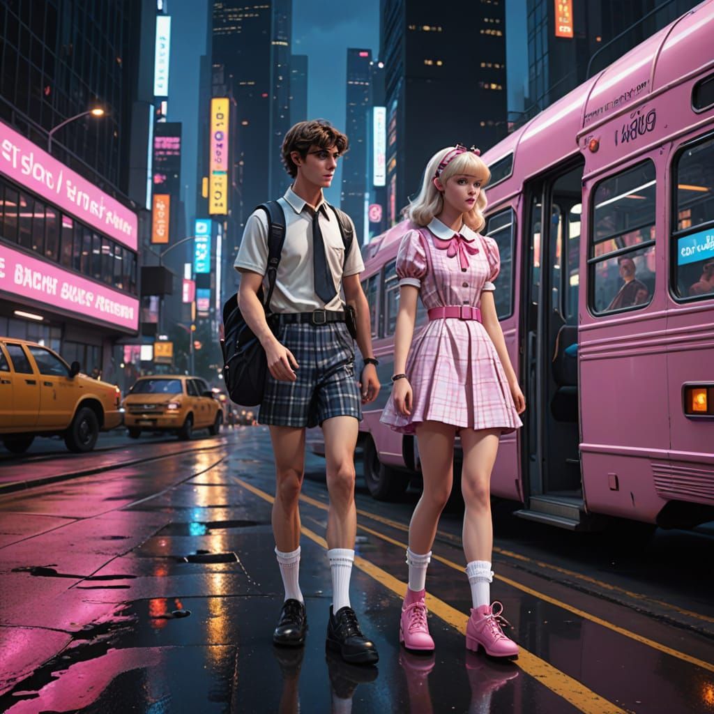 Cyberpunk Student Duo Embarks on School Day