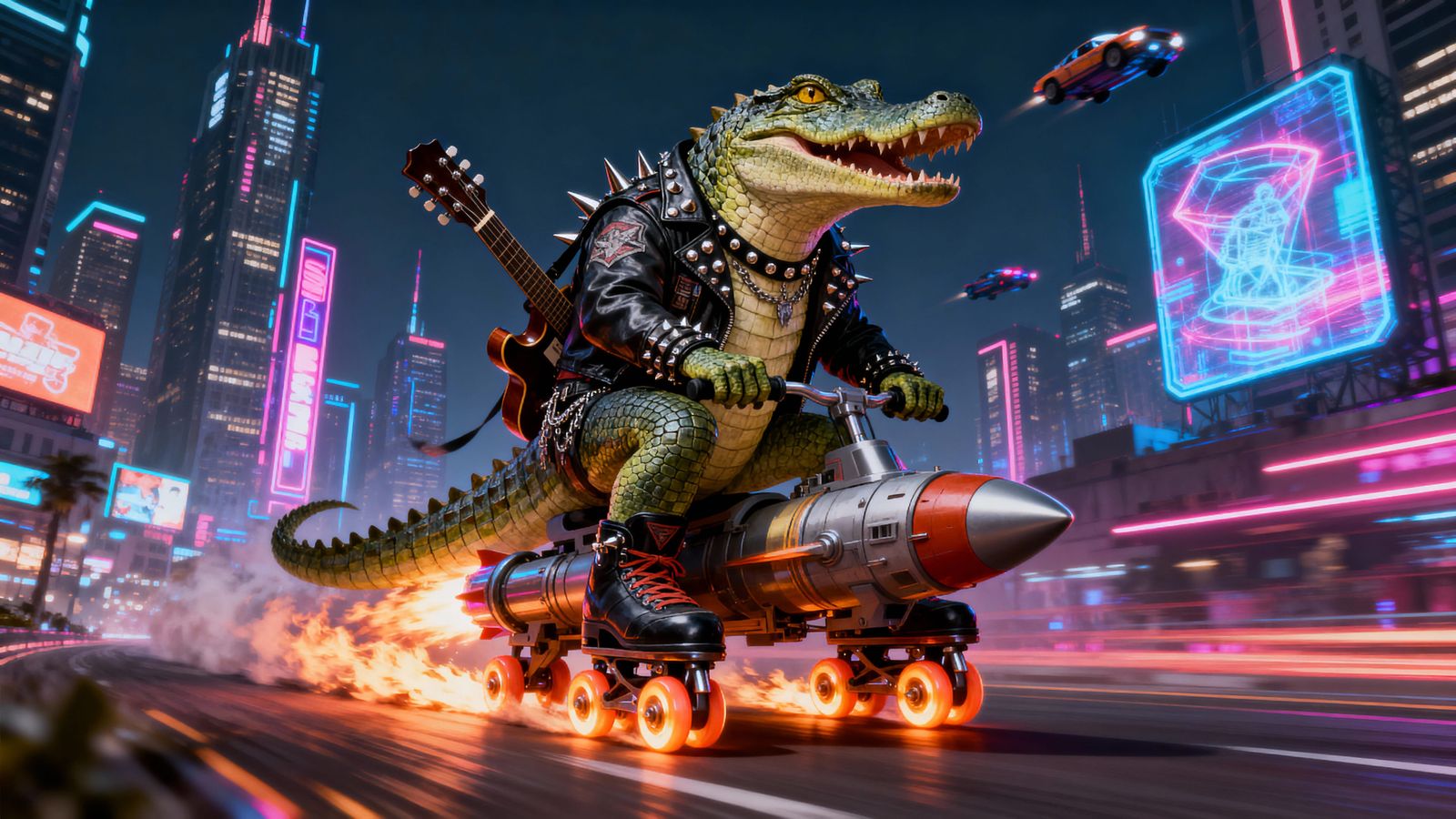 Punk Crocodile on Roller Skates in Cityscape