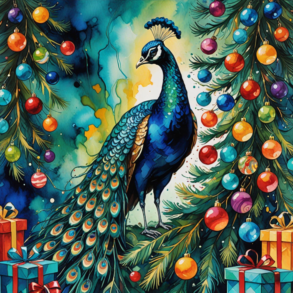 Vibrant Peacock Sits atop a Colorful Christmas Tree of Prese...