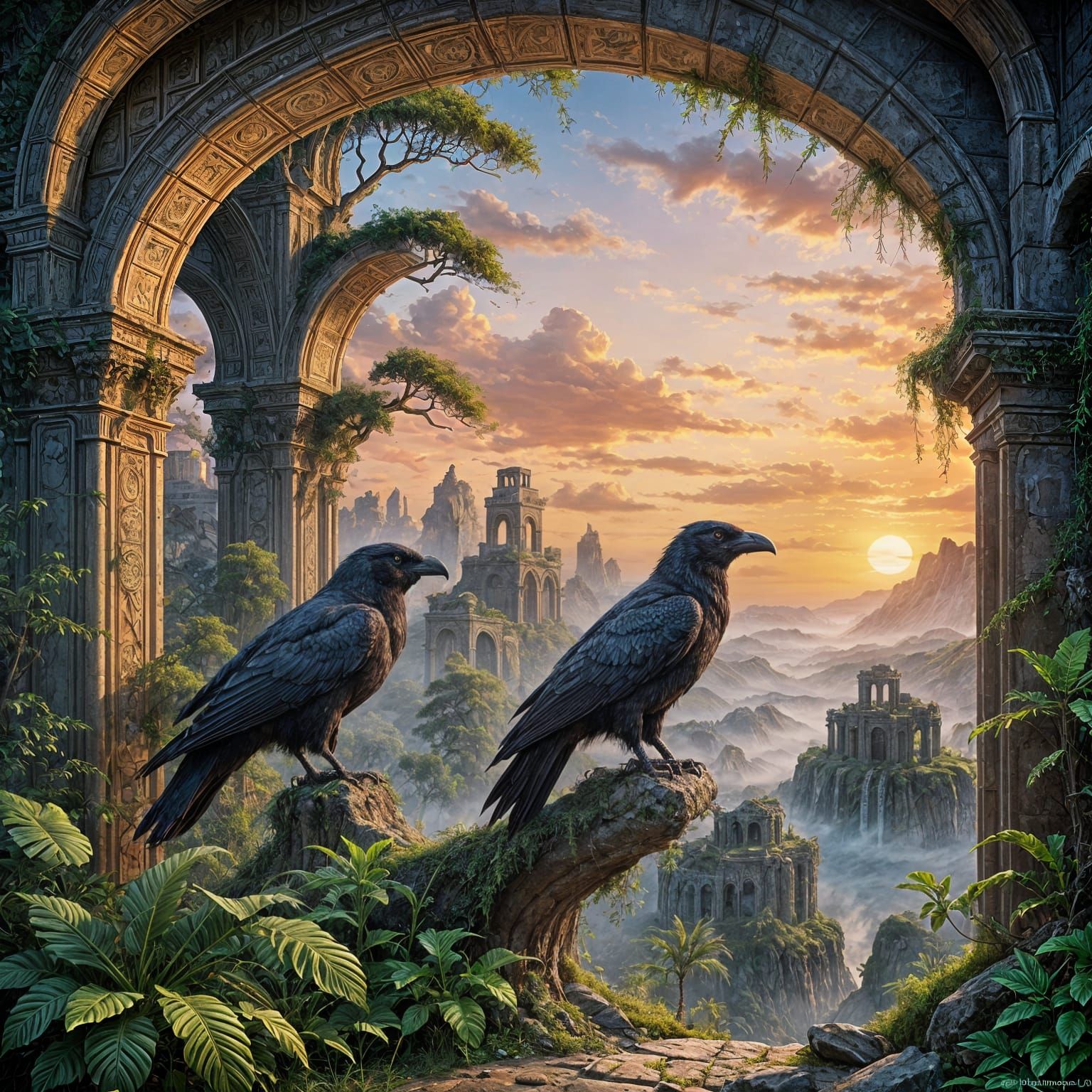 Raven in Bioluminescent Ruins: Airbrush Digital Painting