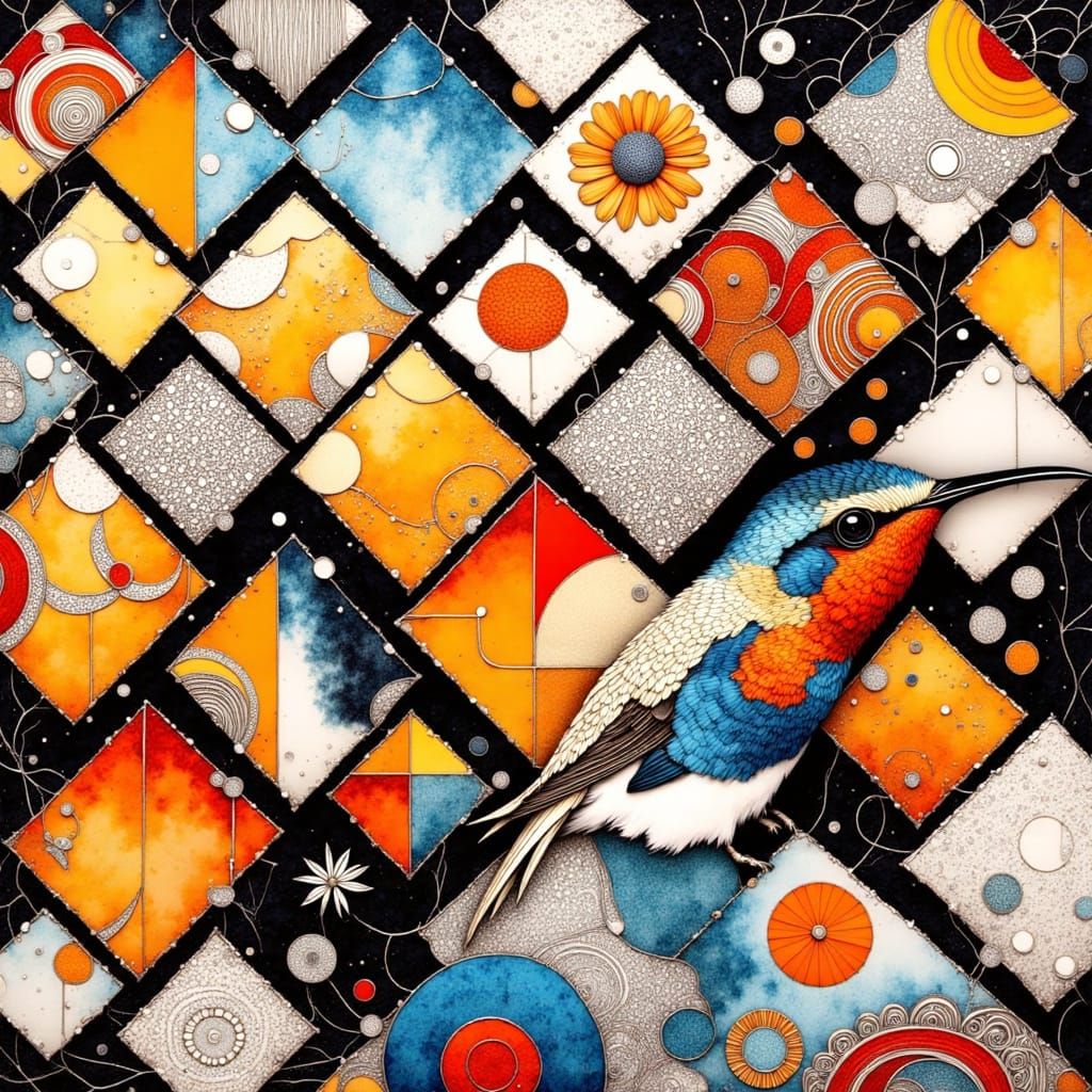 Hummingbird Heart in Panic: Mixed Media Abstraction