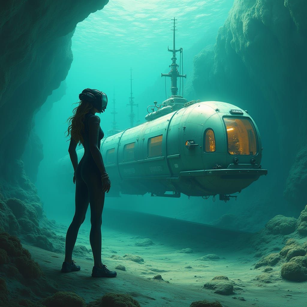 Futuristic Underwater Train with Diver in Syd Mead Style