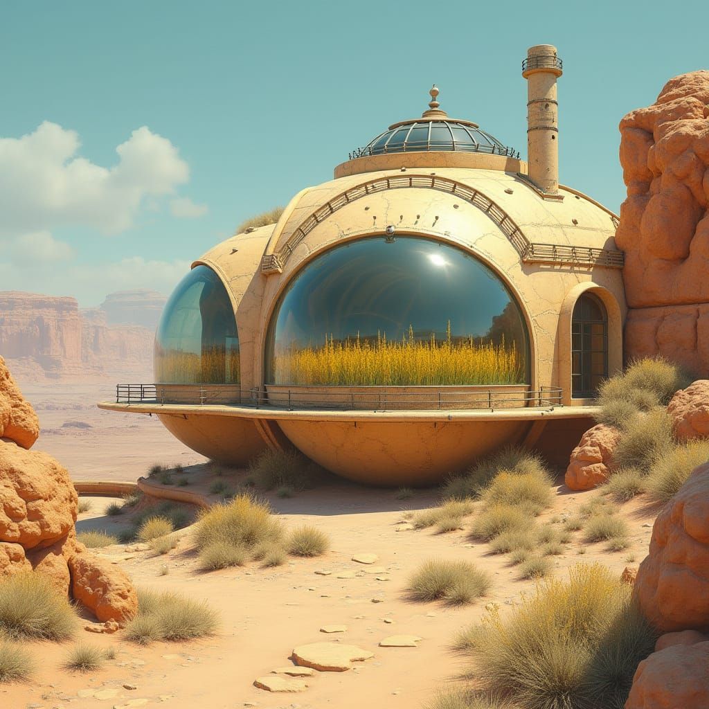 Hyper Realistic Sandstone Building with Domed Roof and Canyo...