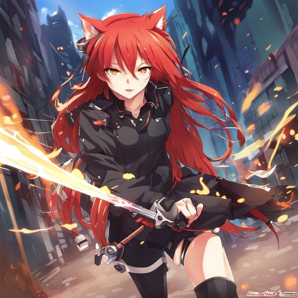 Red-Haired Anime Girl Ready for Combat