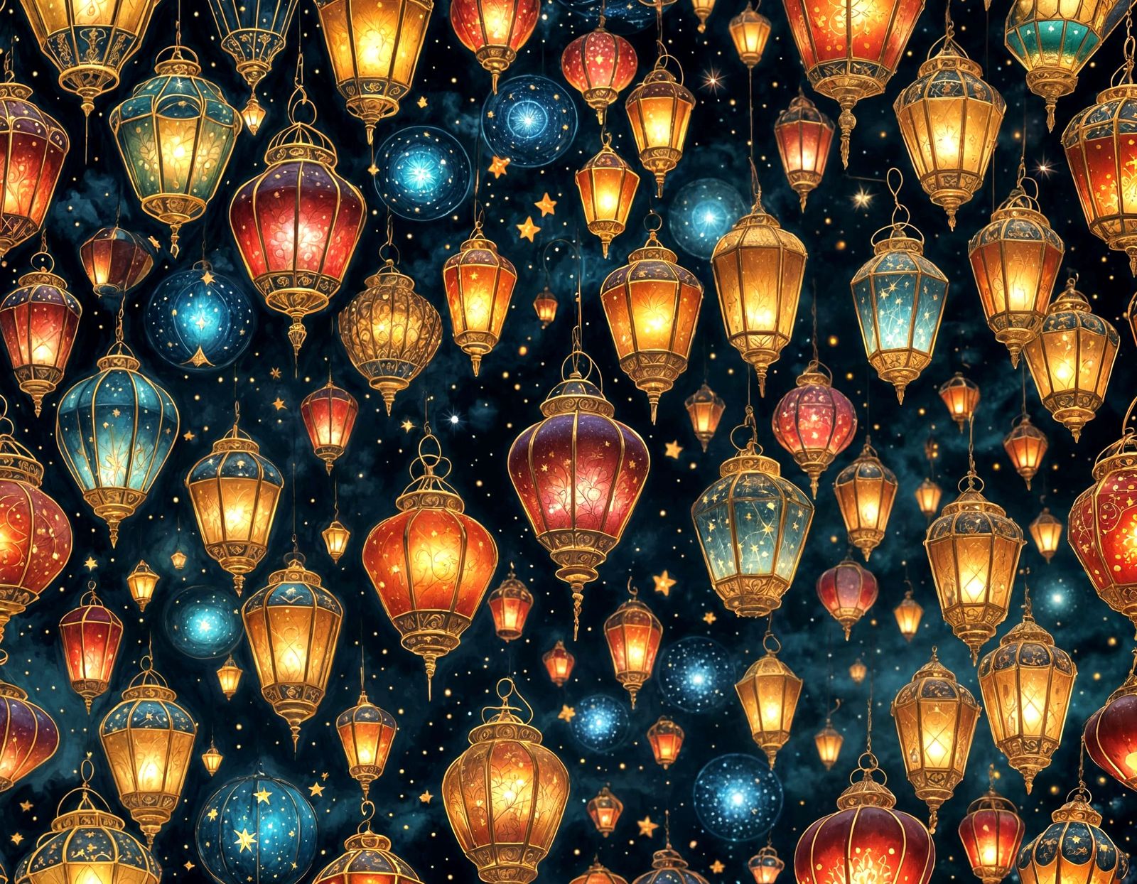Floating Gemstone Lanterns in Starry Night Sky