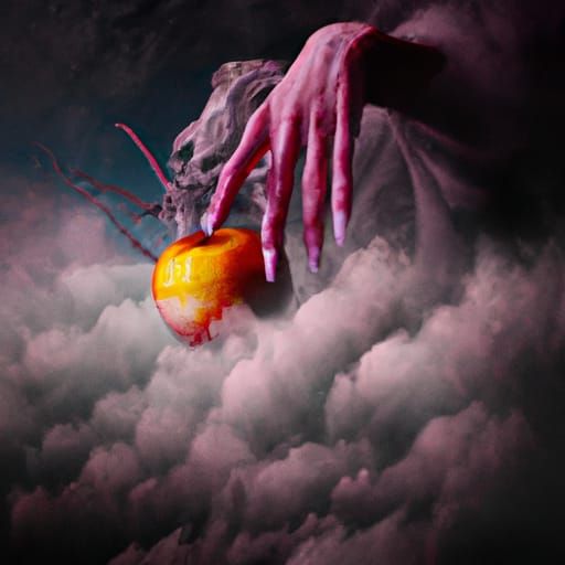Eerie Witch Hand Holding Apple in Smoke: Digital Art