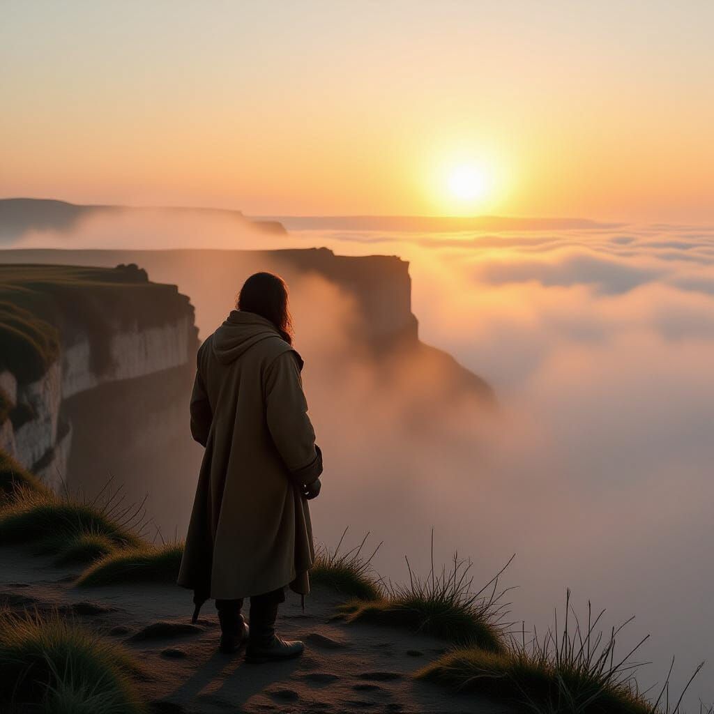 Misty Cliffside Figure in Cinematic Style