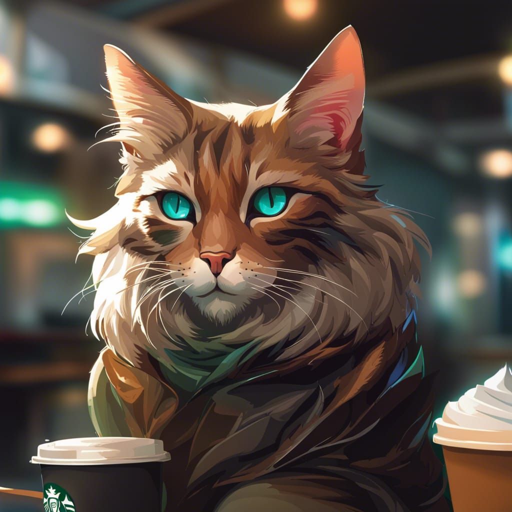 Hyperdetailed Cat Portrait in Starbucks, Digital Art