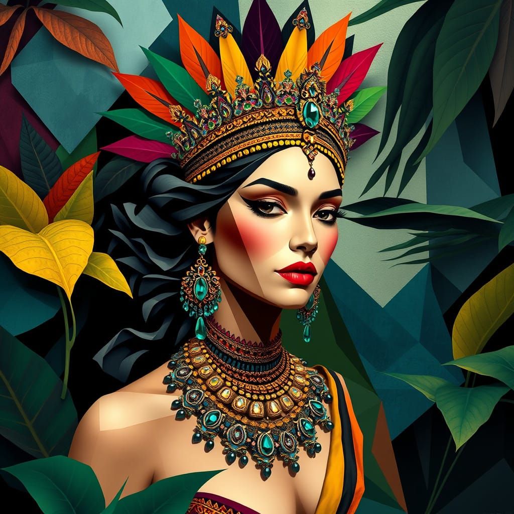 Regal Amazonian Princess in Vibrant Cubist Headdress