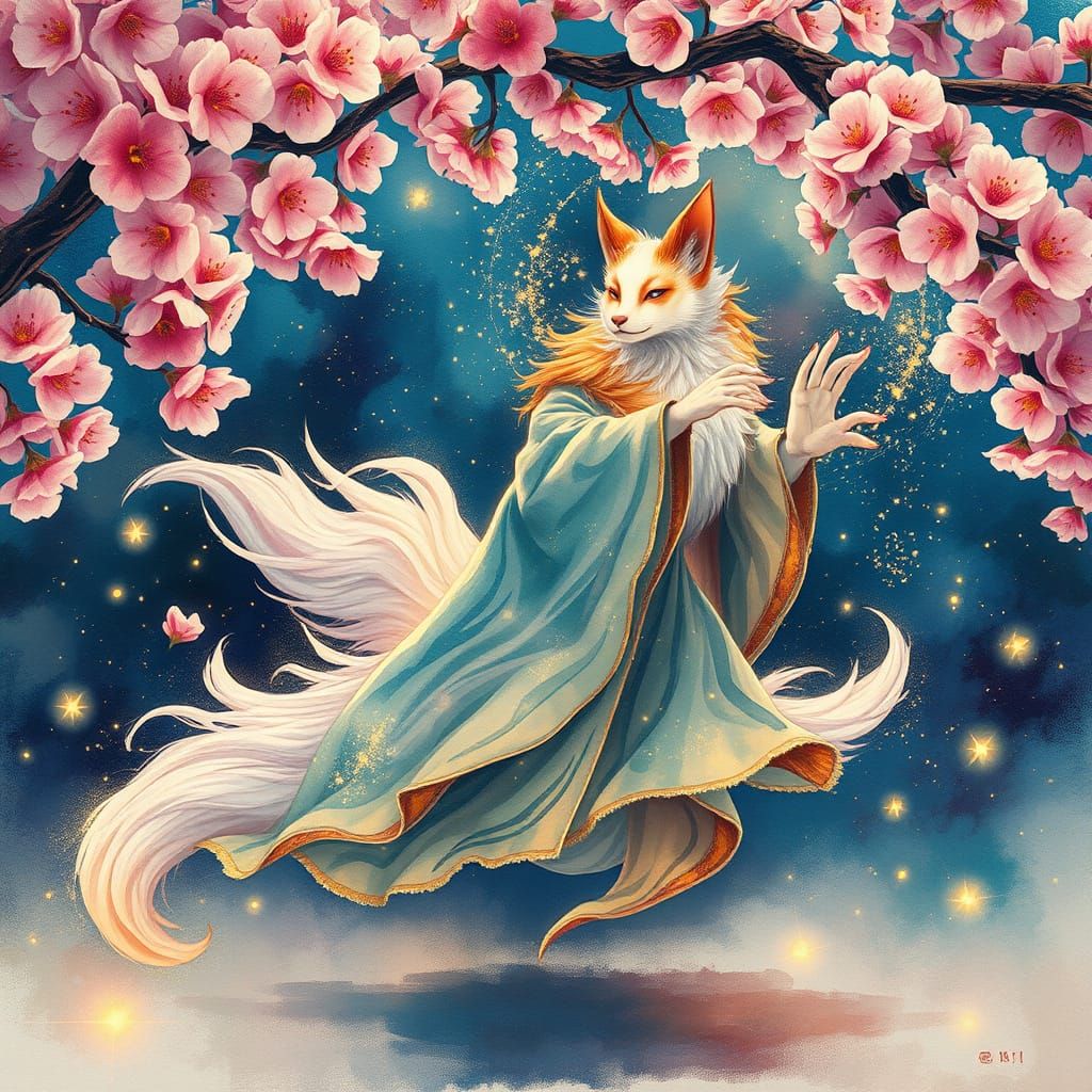 Celestial Kitsune Dances Under Cherry Blossoms