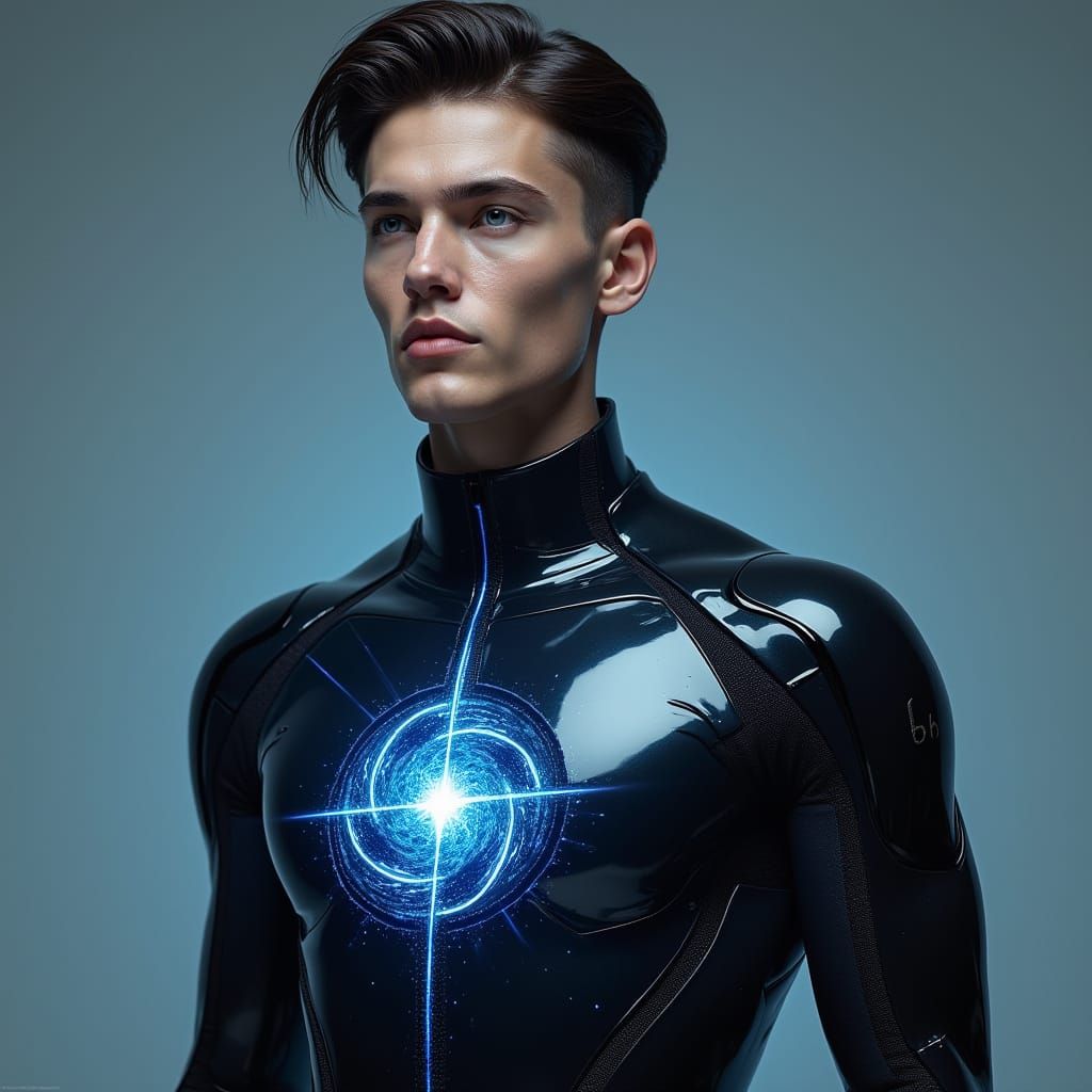 Charismatic Figure Embodies Celestial Duality in High-Tech S...