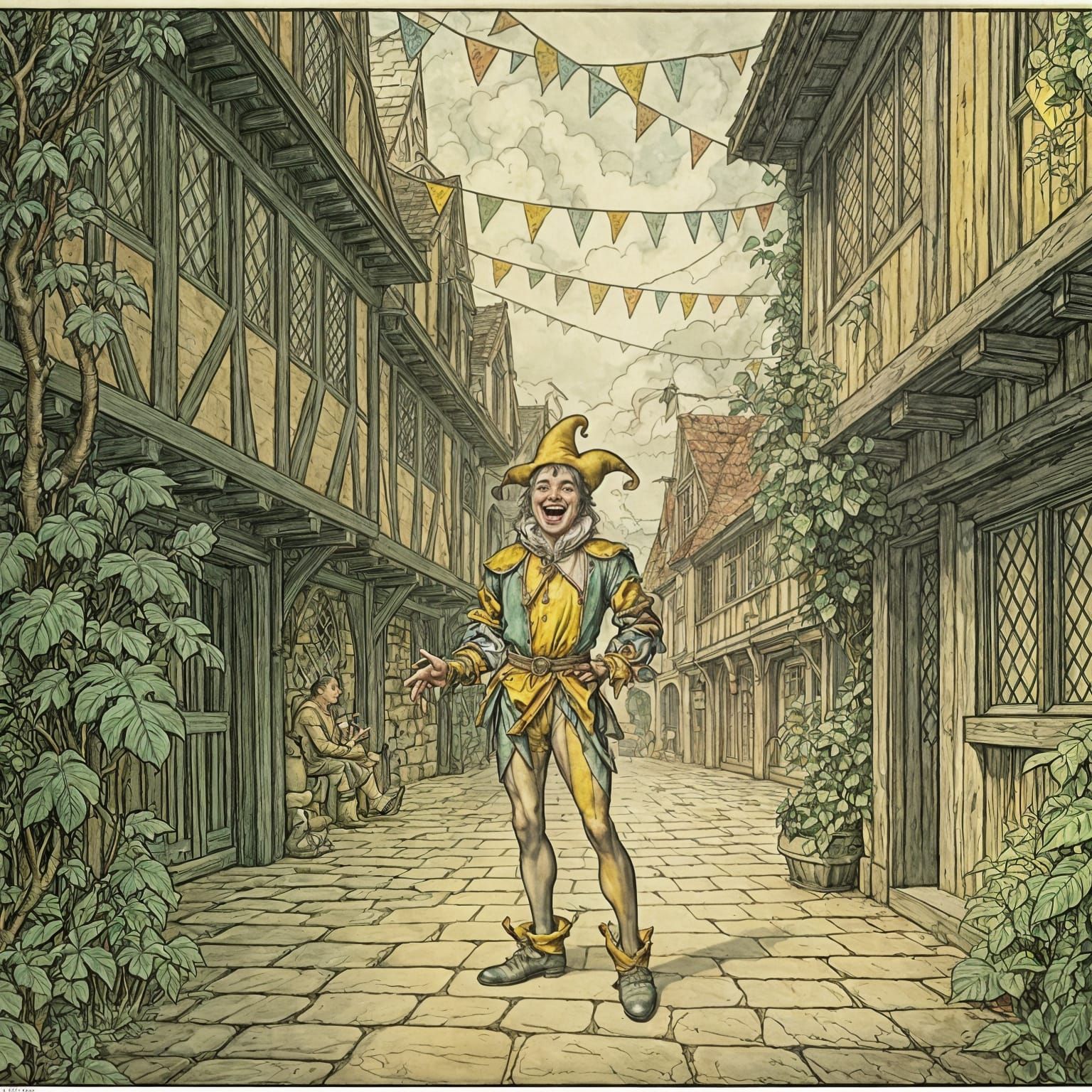 Jester's Merry Delight in Whimsical Medieval Courtyard