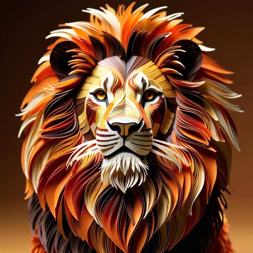 Majestic Paper Lion Sculpture in Earth Tones