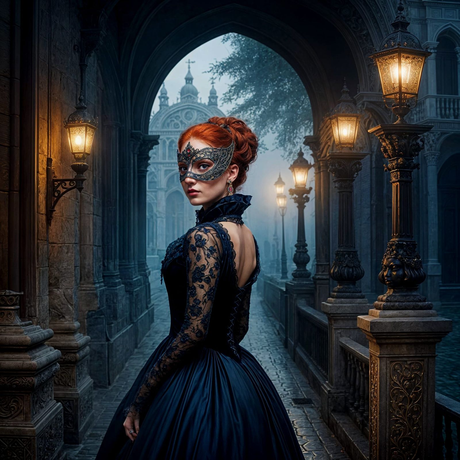 Venetian Carnival: Red-Haired Woman in Gothic Gown