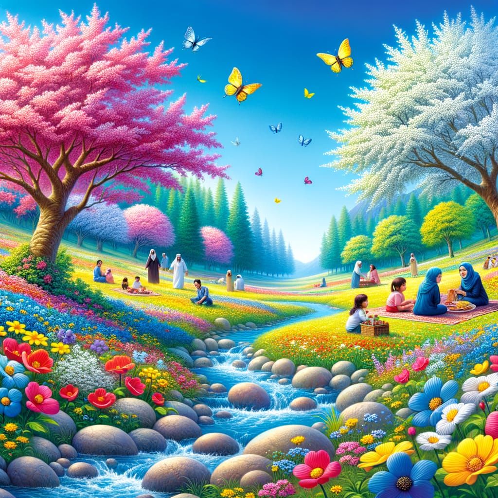 Vibrant Spring Landscape with Cherry Blossoms and Wildflower...