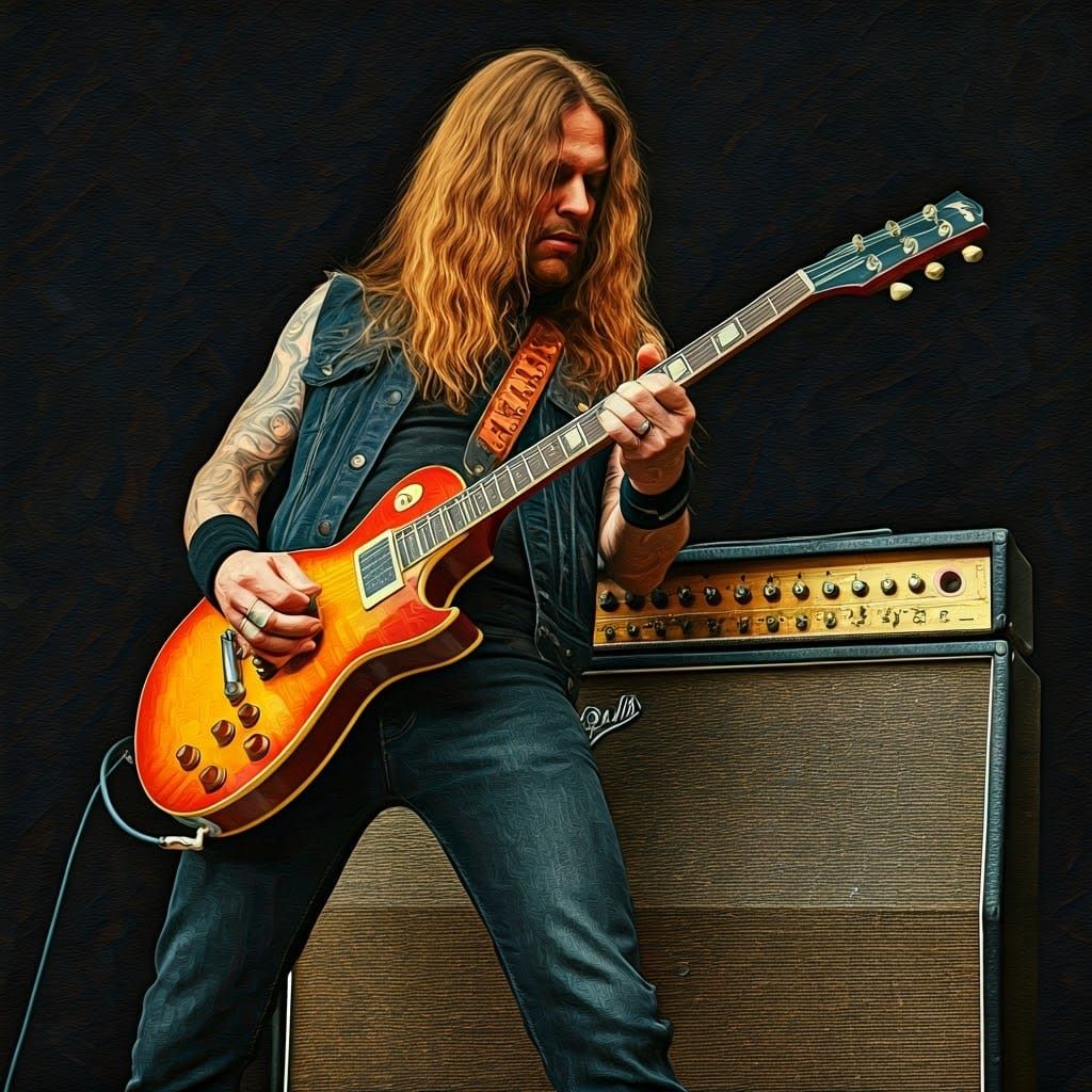 Rocker Guitarist Plays Wah Pedal in Abstract Art