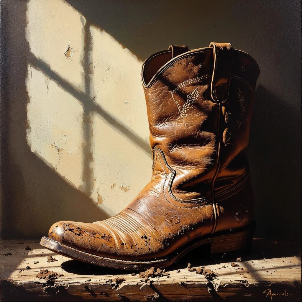 Weathered Leather Boot in Dramatic Light, Oil Painting