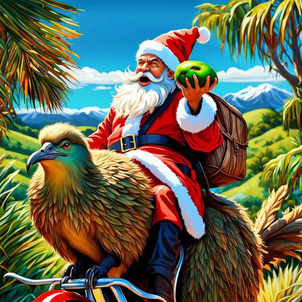 Santa Claus Rides Kiwi Bird in New Zealand