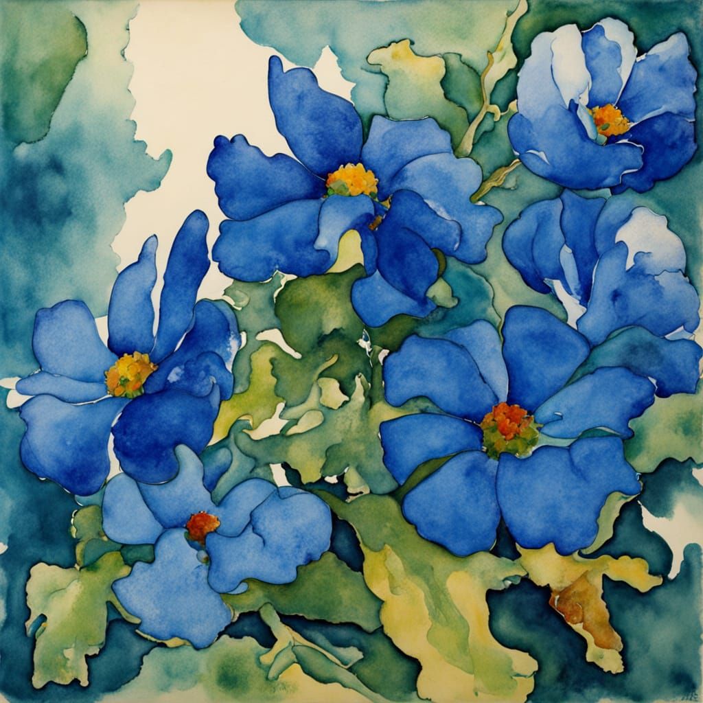 Woman With Blue Flowers in Hair Watercolor Portrait