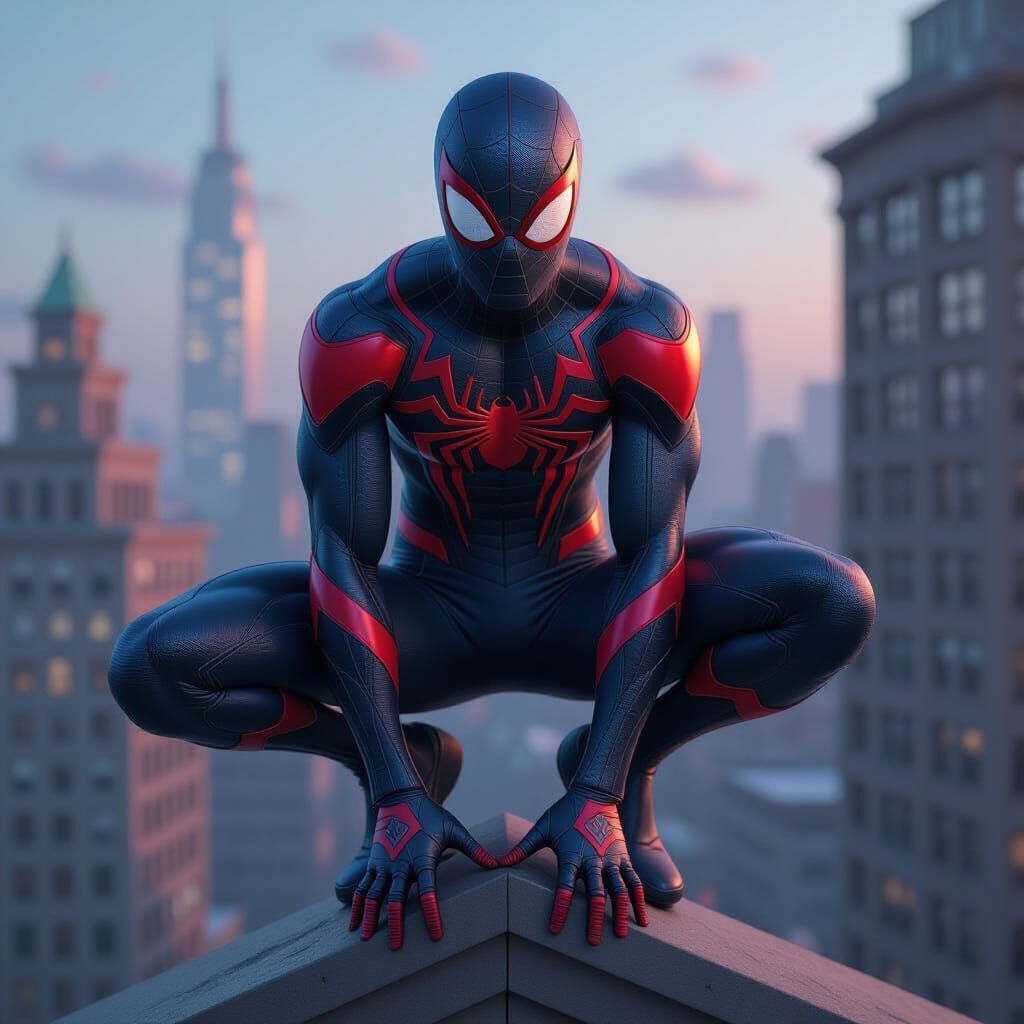 Anime Style Spider-Man on Building in Silver, Red, Violet Su...