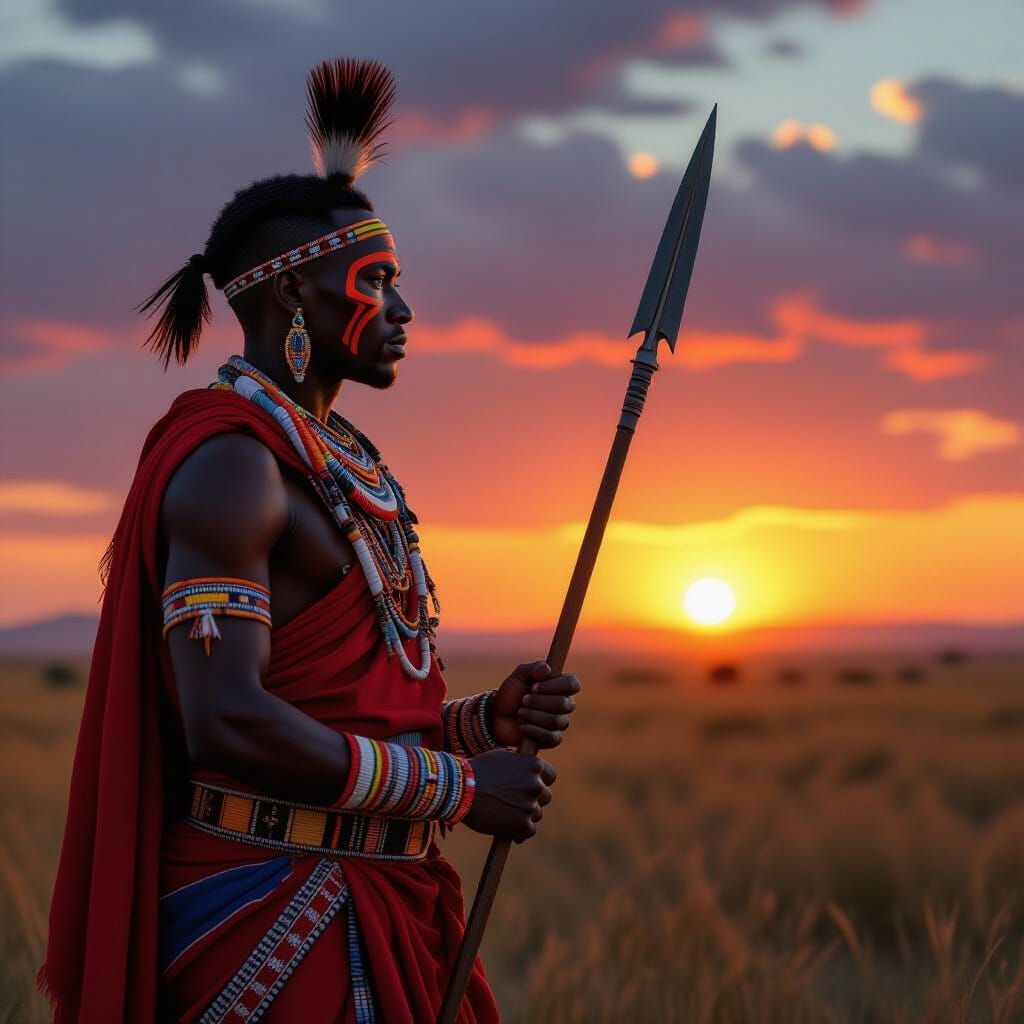 Maasai Warrior on Savannah at Sunset in Digital Art