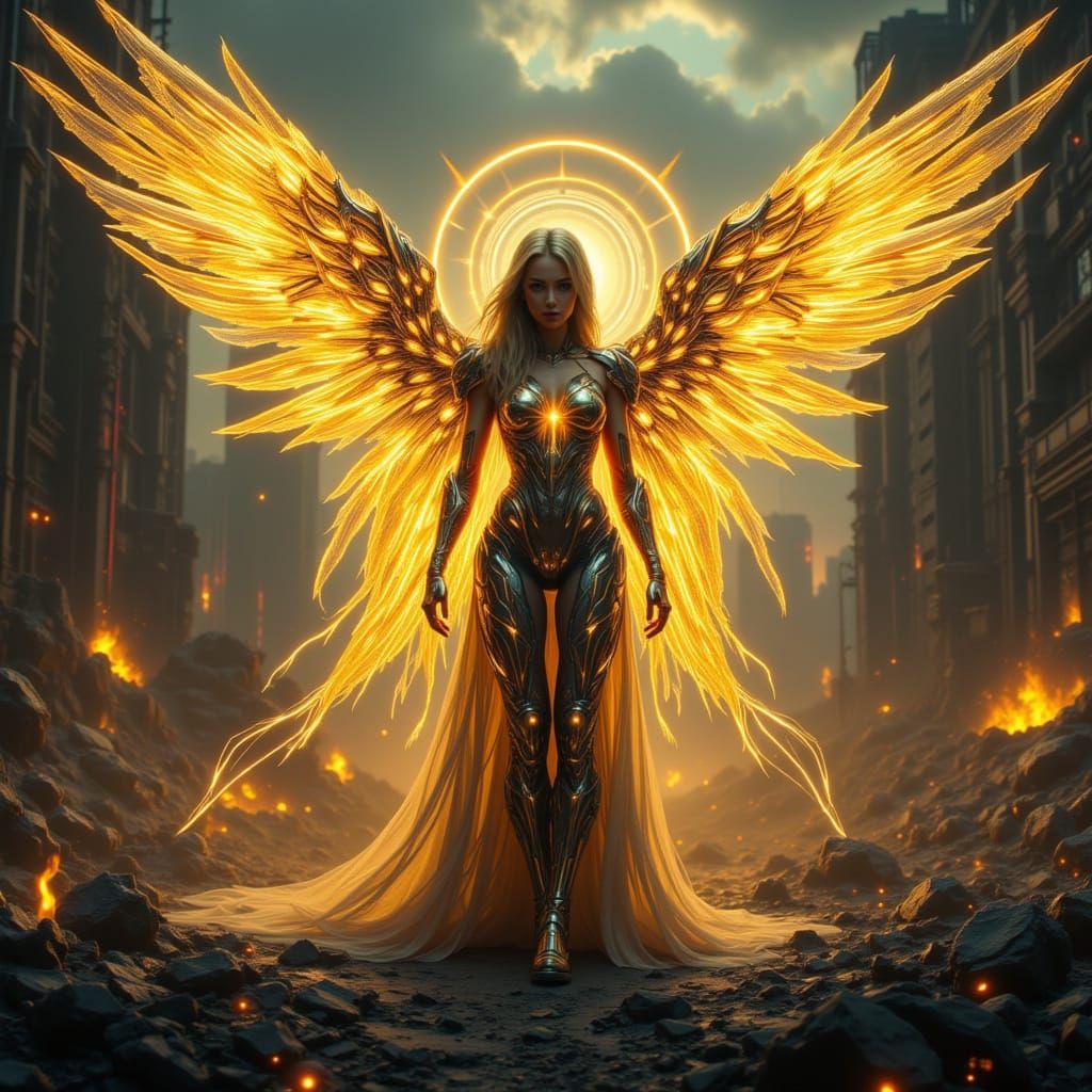 Celestial Cyber Angel in Post-Apocalyptic Cityscape