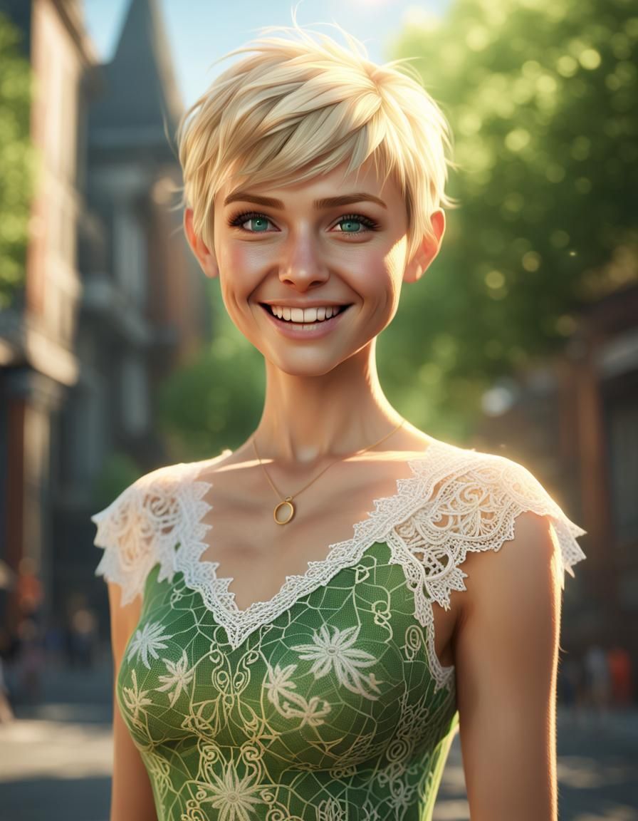 Smiling Blonde in Lace Dress: Hyperrealistic Digital Art