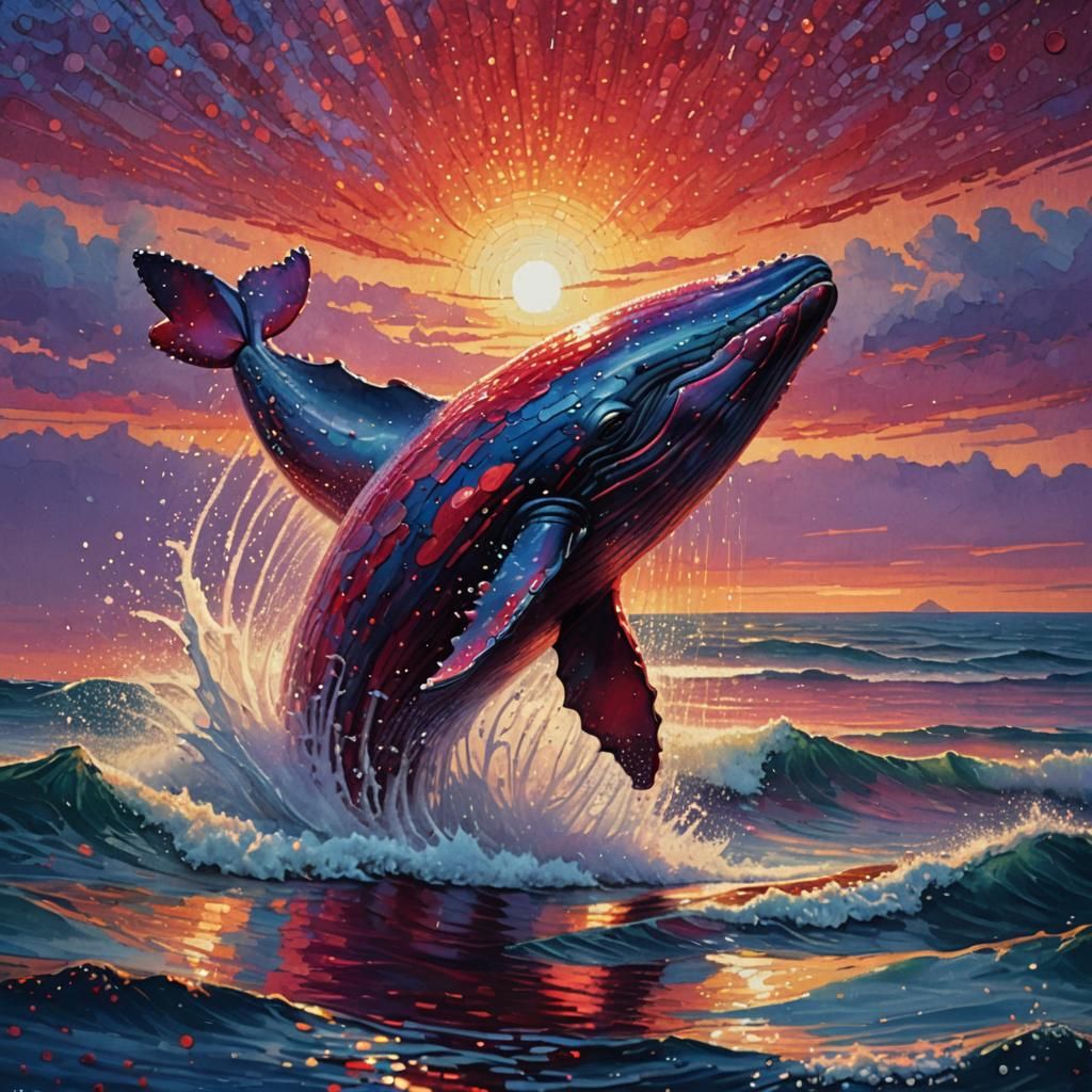 Ruby Whale Leaps at Sunset: Pointillism Style