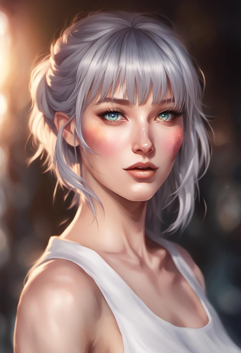 Watercolor, white hair & sky/gray eyes