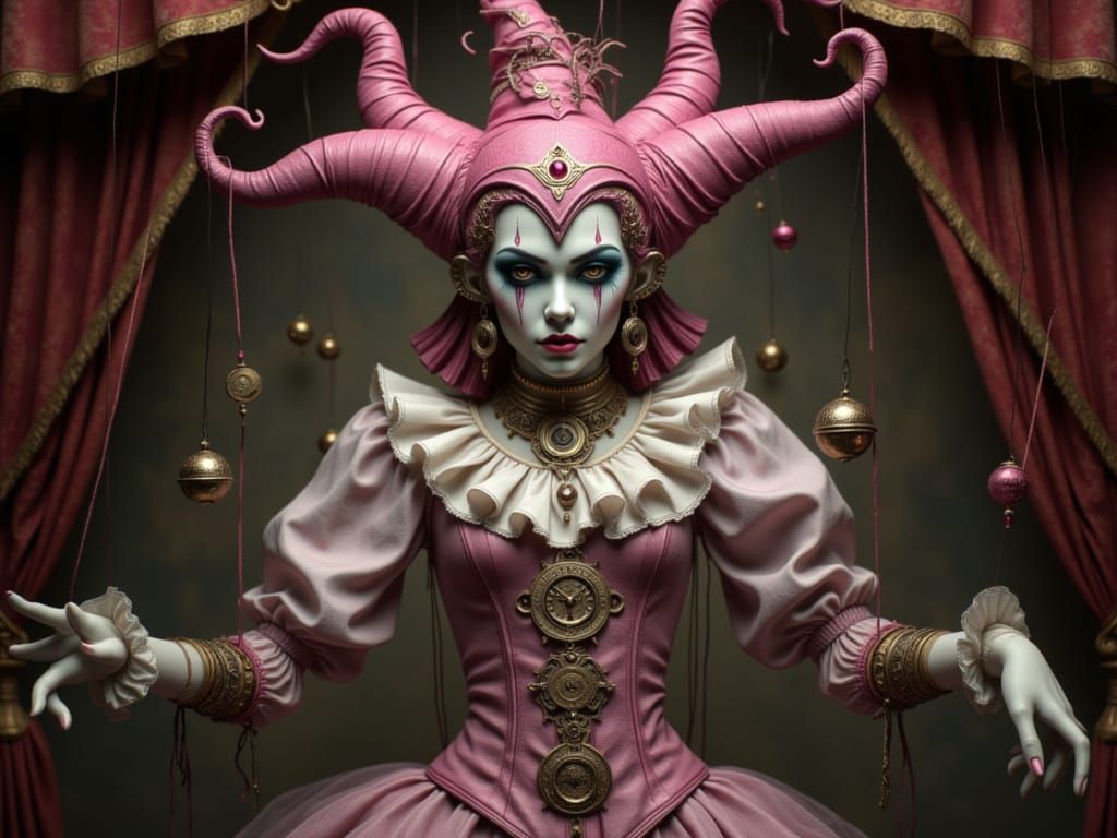 Clockwork Jester Puppet with Pink Accents
