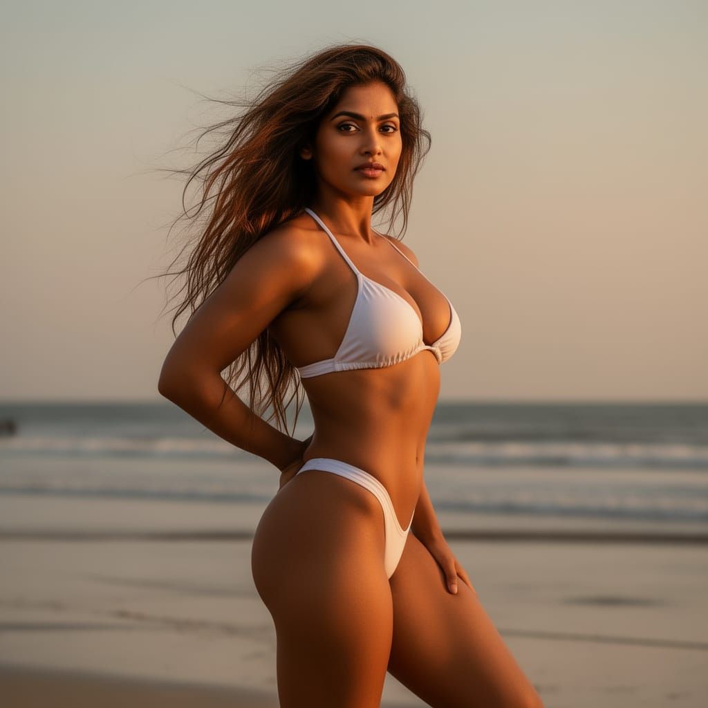 Athletic Indian Woman in White Bikini Posing in Golden Hour ...