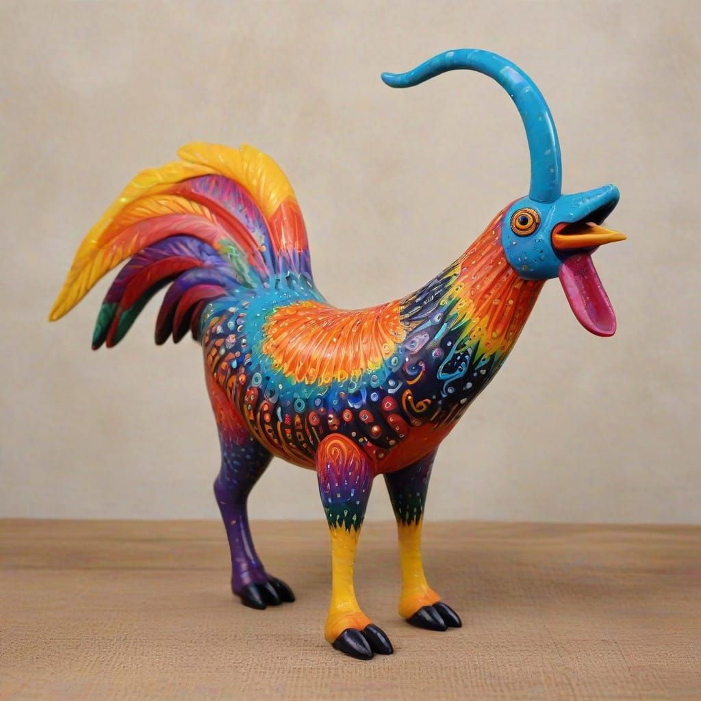 Whimsical Rooster Bull Horns Alebrije Art