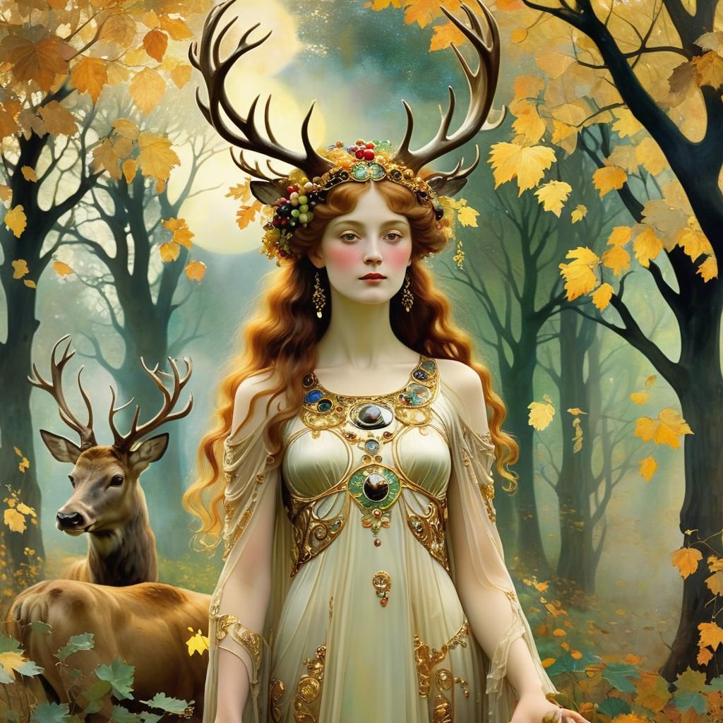 Autumn Goddess and Stag in Art Nouveau Style