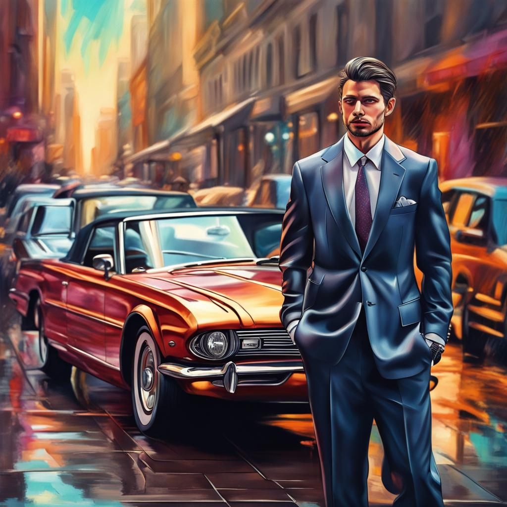 Men in Suits with Classic Car: Hyperrealistic Concept Art