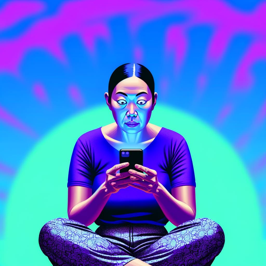 Asian Woman Entranced by Phone, Cartoon Style