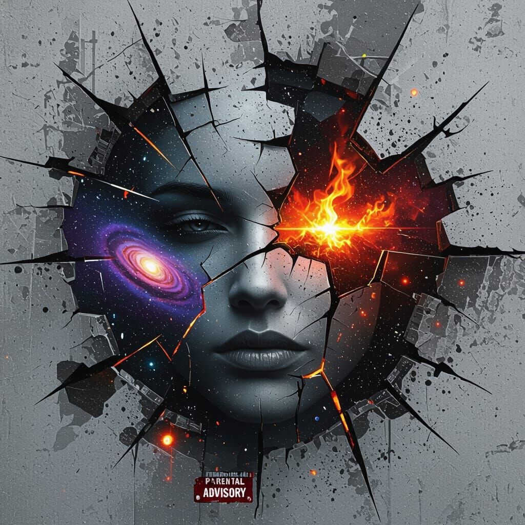 Fractured Face with Galaxies and Fire, Cyberpunk Neon Style