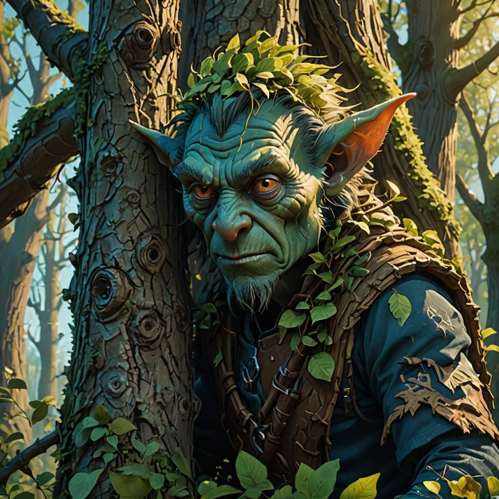 Goblin Druid Hiding in Forest, Stalenhag Style