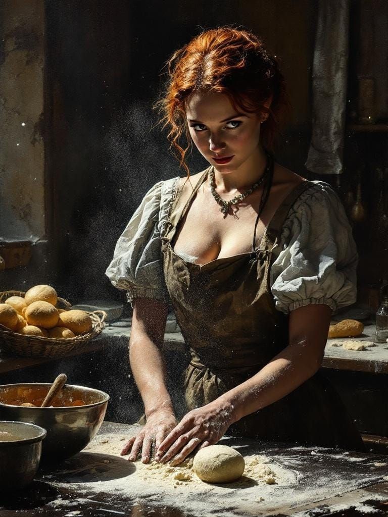 Redhead Baker in Noir Lighting, Bold Color Portrait
