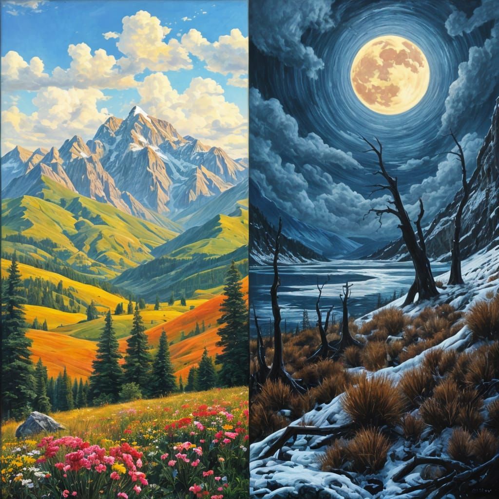 Bright Summer Mountains / Dark Winter River