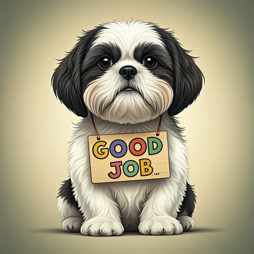 Whimsical Shih Tzu Celebrates Good Job with Vibrant Sign