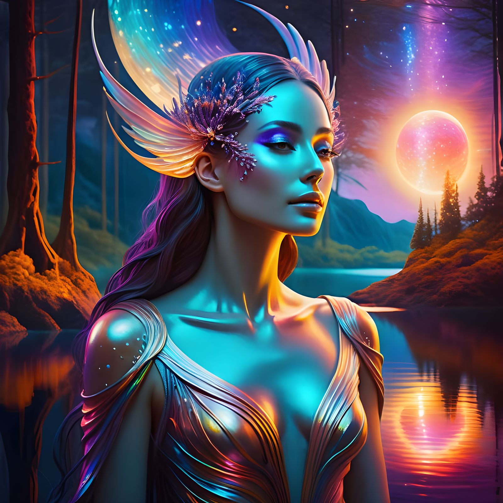 Iridescent Alien Woman in Surreal Valley Oil Painting