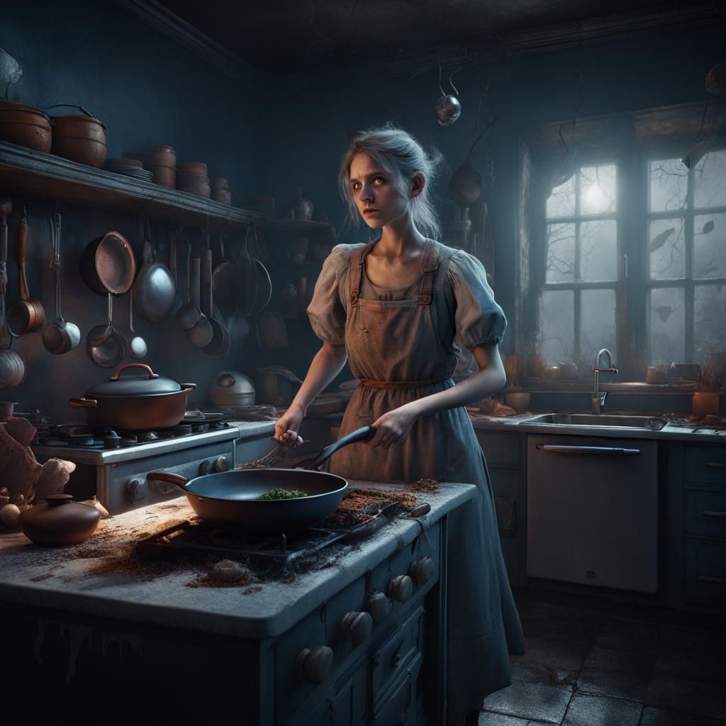 Ghostly Girl in Kitchen: Detailed Matte Painting