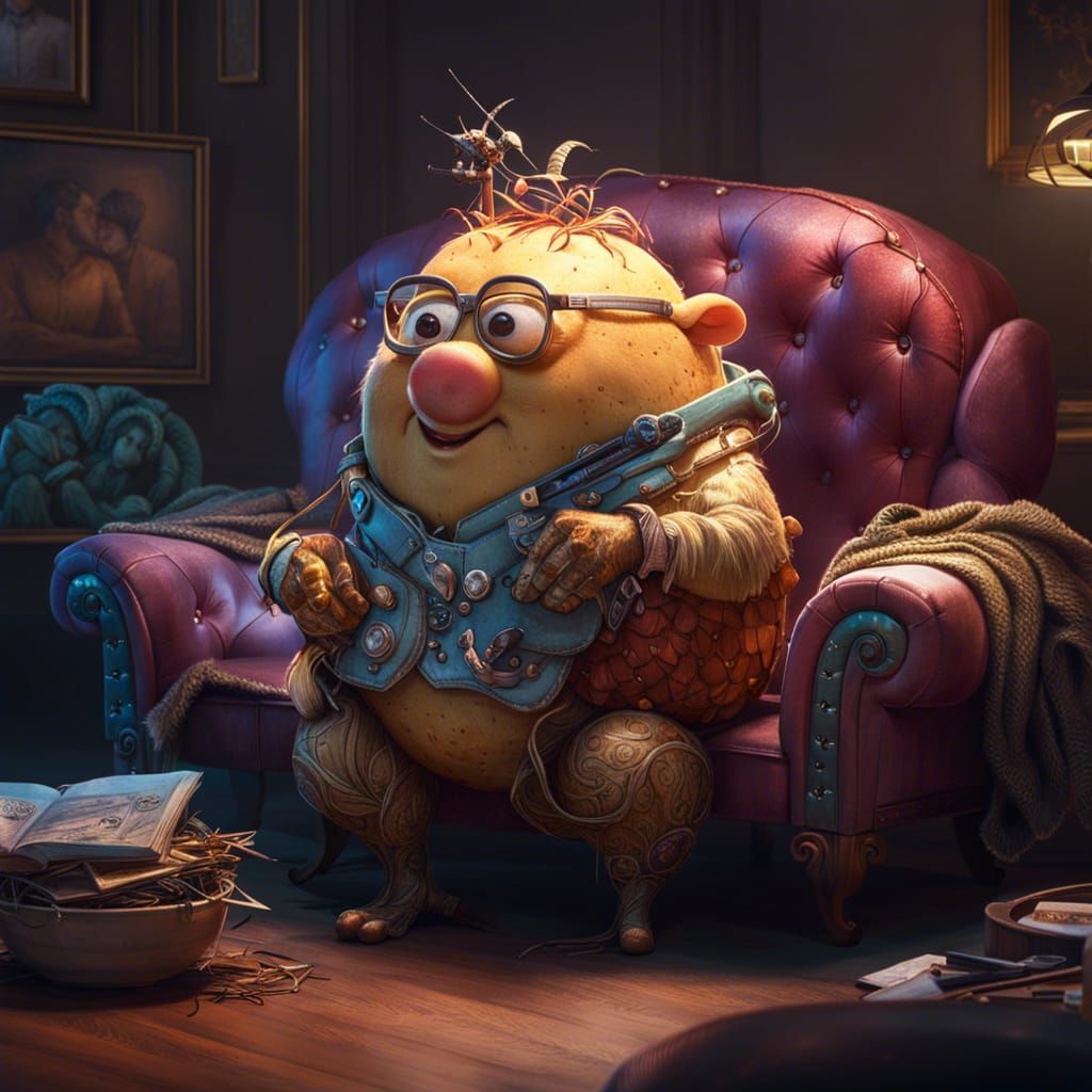 Anthropomorphic Potato Relaxing on Couch in 3D