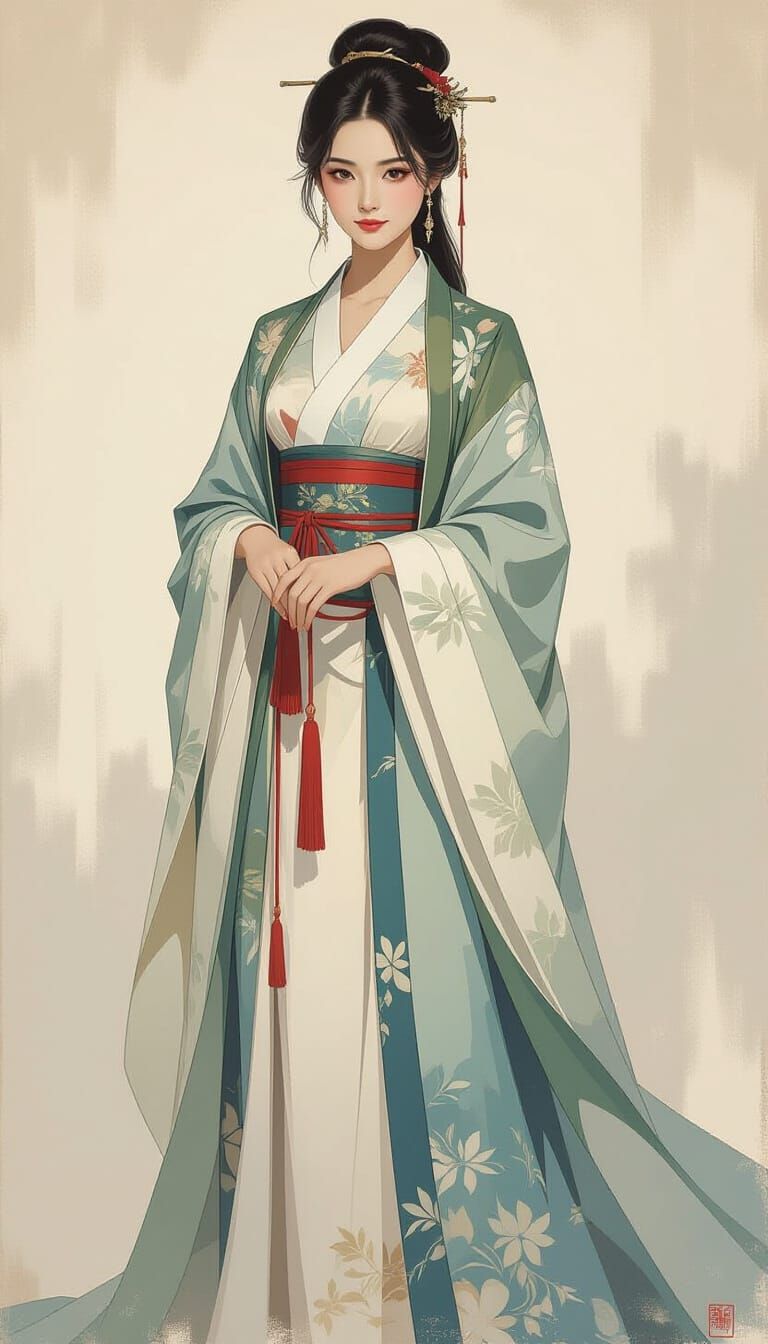 Elegant Asian Woman in Hanfu: Painterly Oil Painting